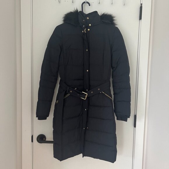 ZARA Navy Blue Hooded Long Puffer Down Coat Faux Fur With Belt Size S - Picture 1 of 8